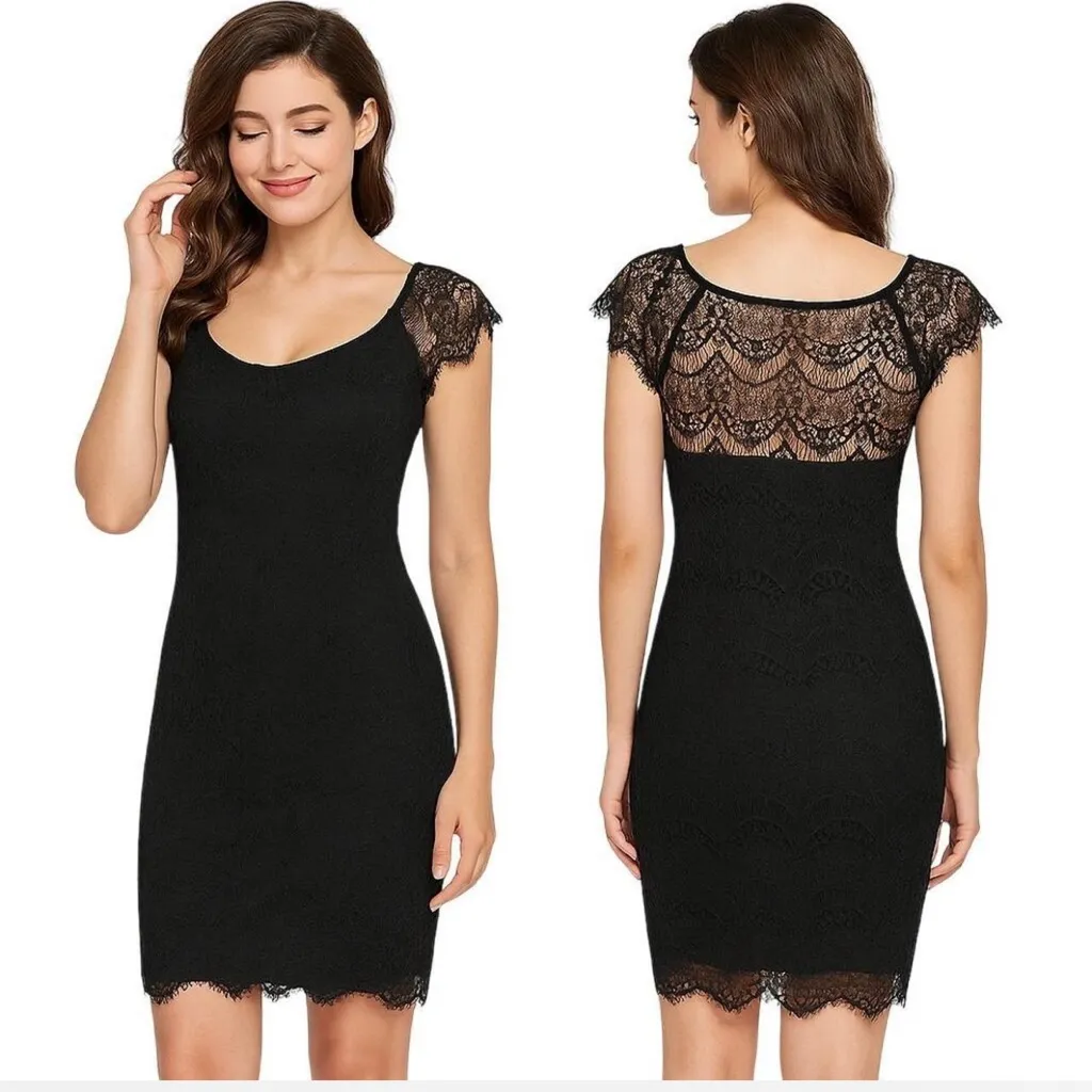 Free People black body con dress midi cap sleeve pullover lace overlay high low - Image 2