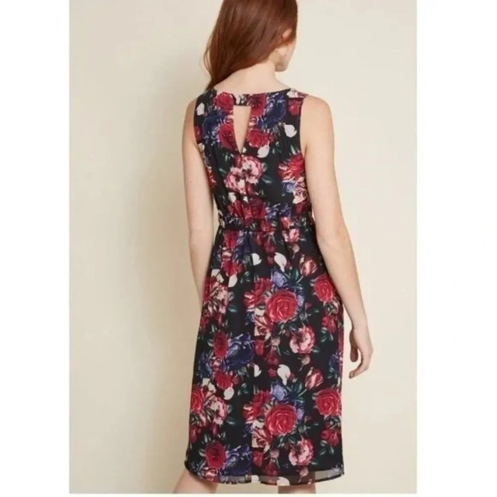 Modcloth Flaunts and Needs Navy Floral Chiffon Sleeveless Party A-line Dress M - Image 2