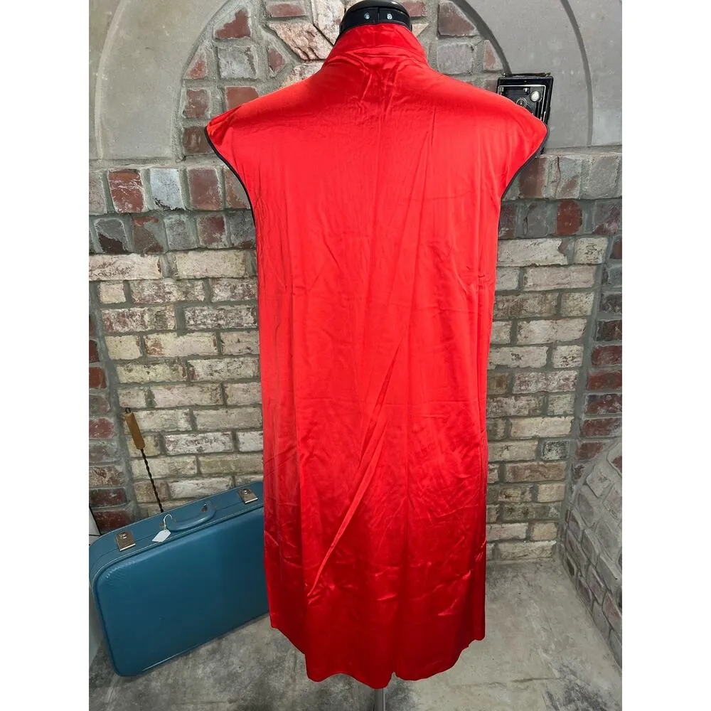 nightgown red satin embroidered flowers mandarin collar knee length Size M - Image 6