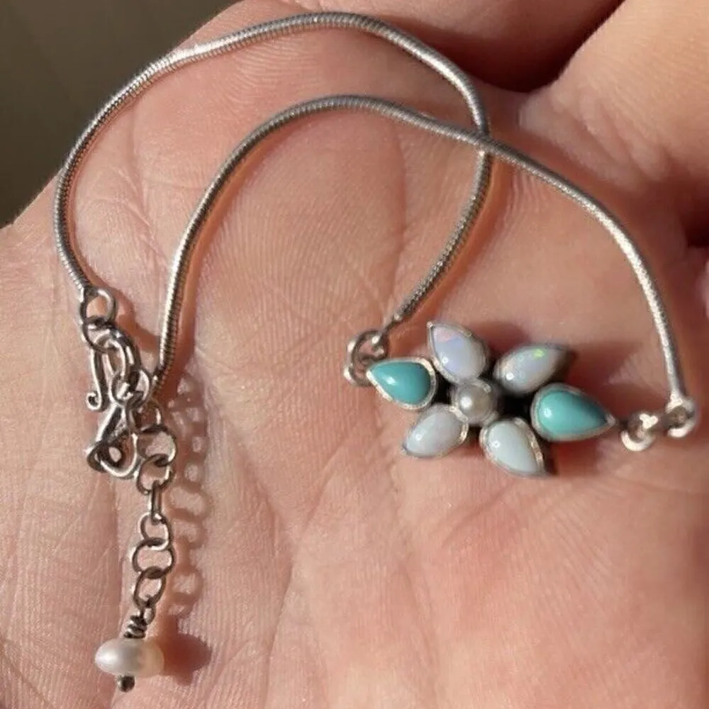 Native American Zuni Sterling Silver Turquoise MOP Flower Bracelet 925 SI Vtg - Image 5