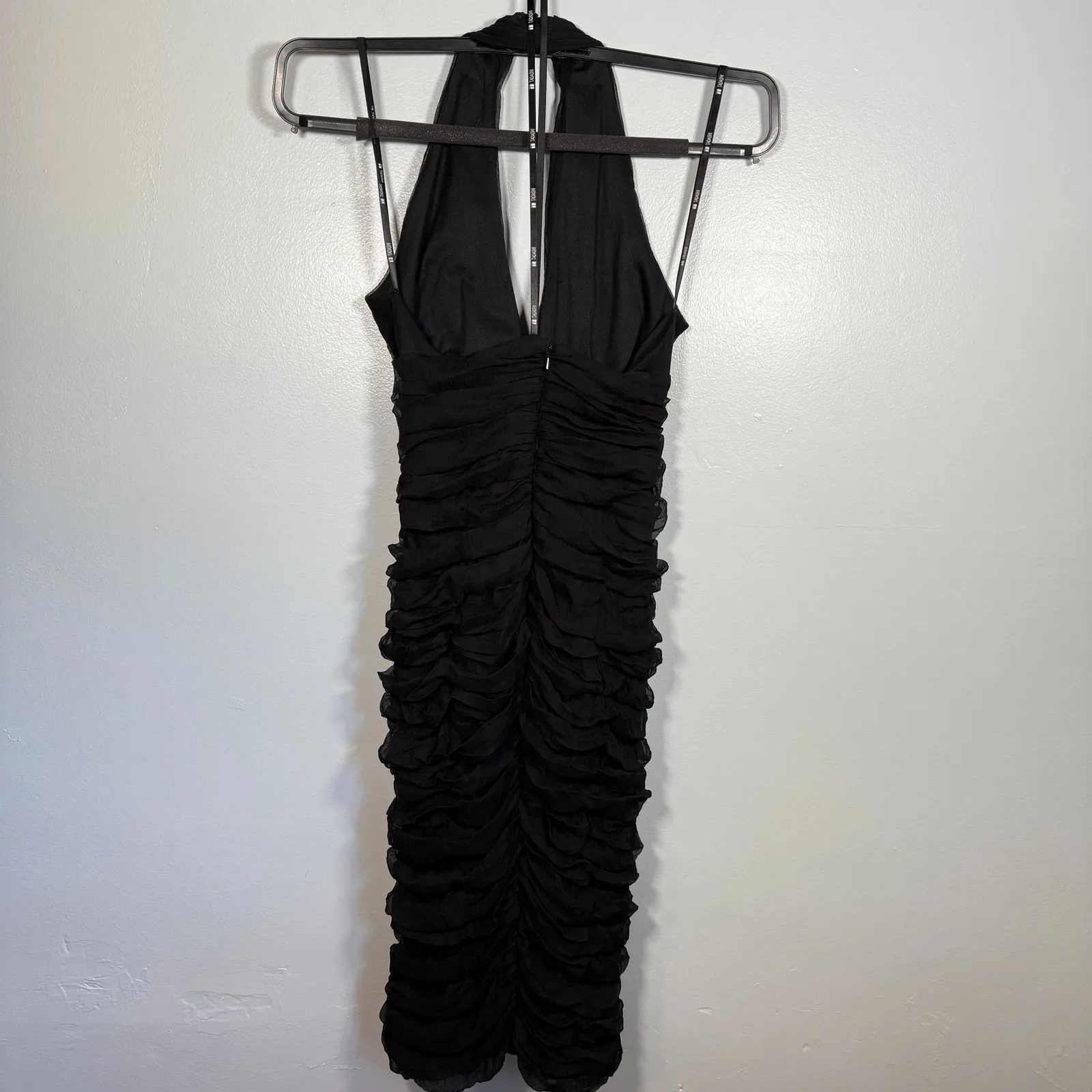 Vintage 90s Tadashi Silk Ruched Halter Dress Black Bodycon Midi Cocktail Formal - Image 6