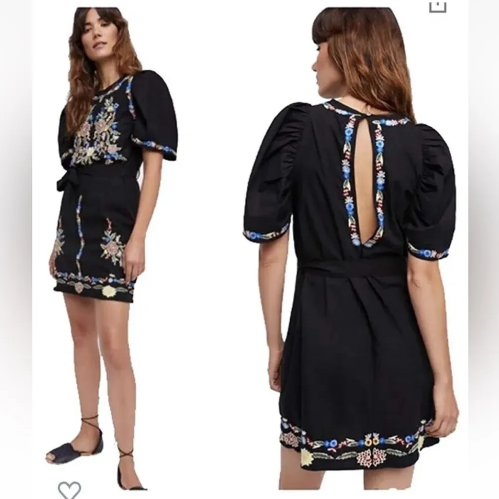 Free People Evangeline Embroidered Mini Dress Black
Size XS Puff SS - Image 3