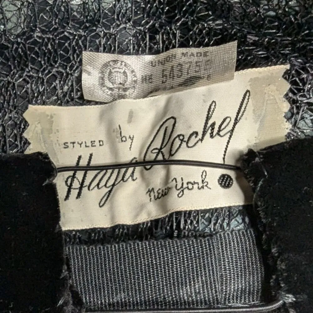 Vtg 1950s Haya Rochel Black Feather Covered Mesh Netting Pillbox Cloche Hat - Image 6