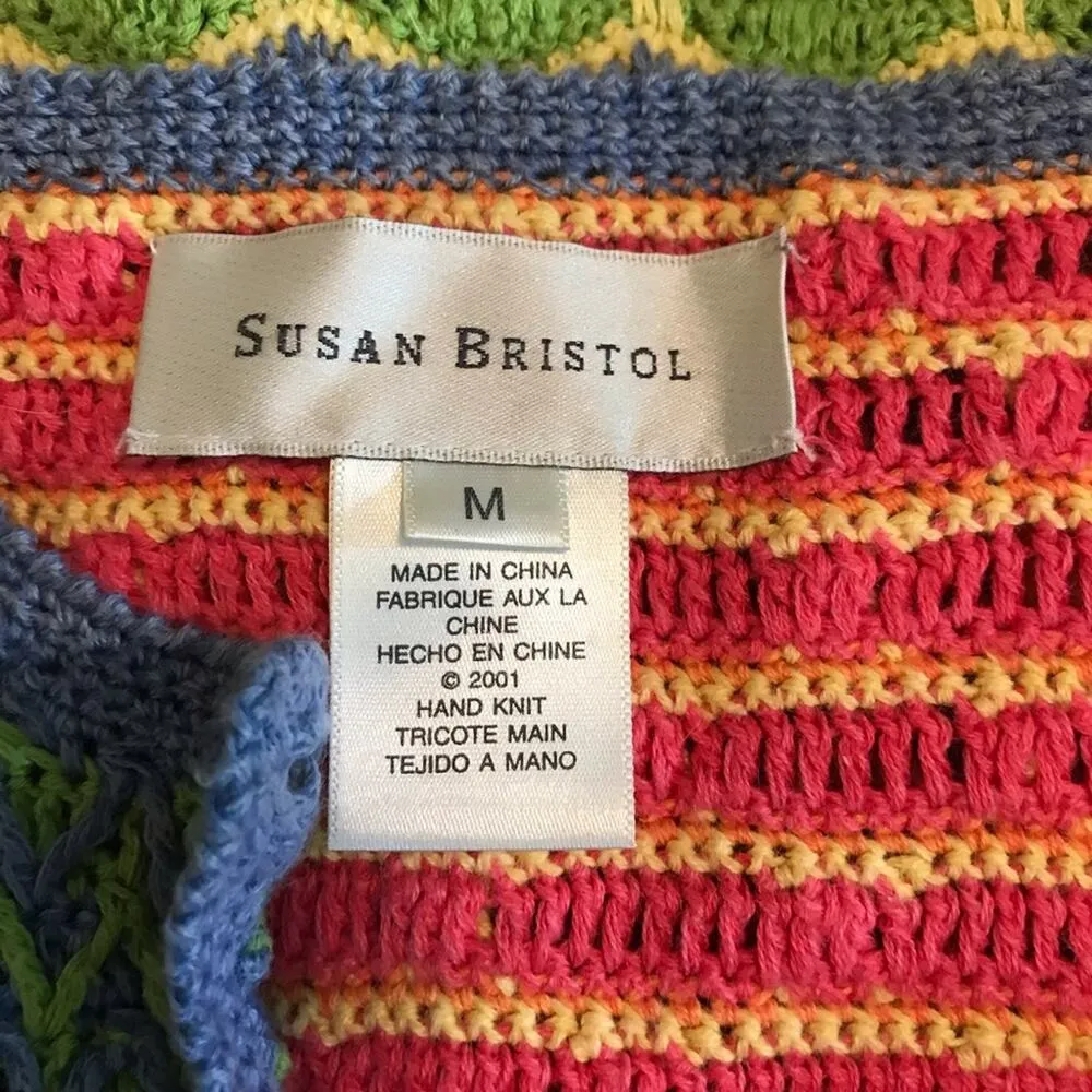 Susan Bristol Y2K 2000s Vintage Crochet patchwork Grandma cardigan sweater M Green Size M - Image 10