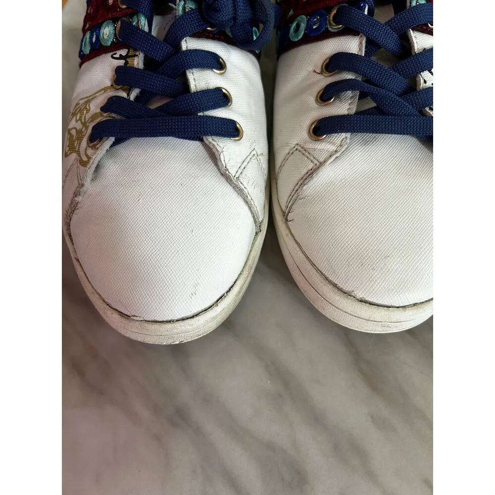 Desigual White Burgundy Aqua Mirror Boho Embellished Leather Sneakers - Image 5