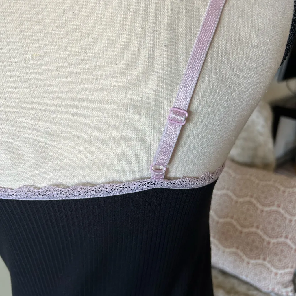 Madrag black ribbed babydoll pink strap mini slip dress nighty pjs small - Image 5