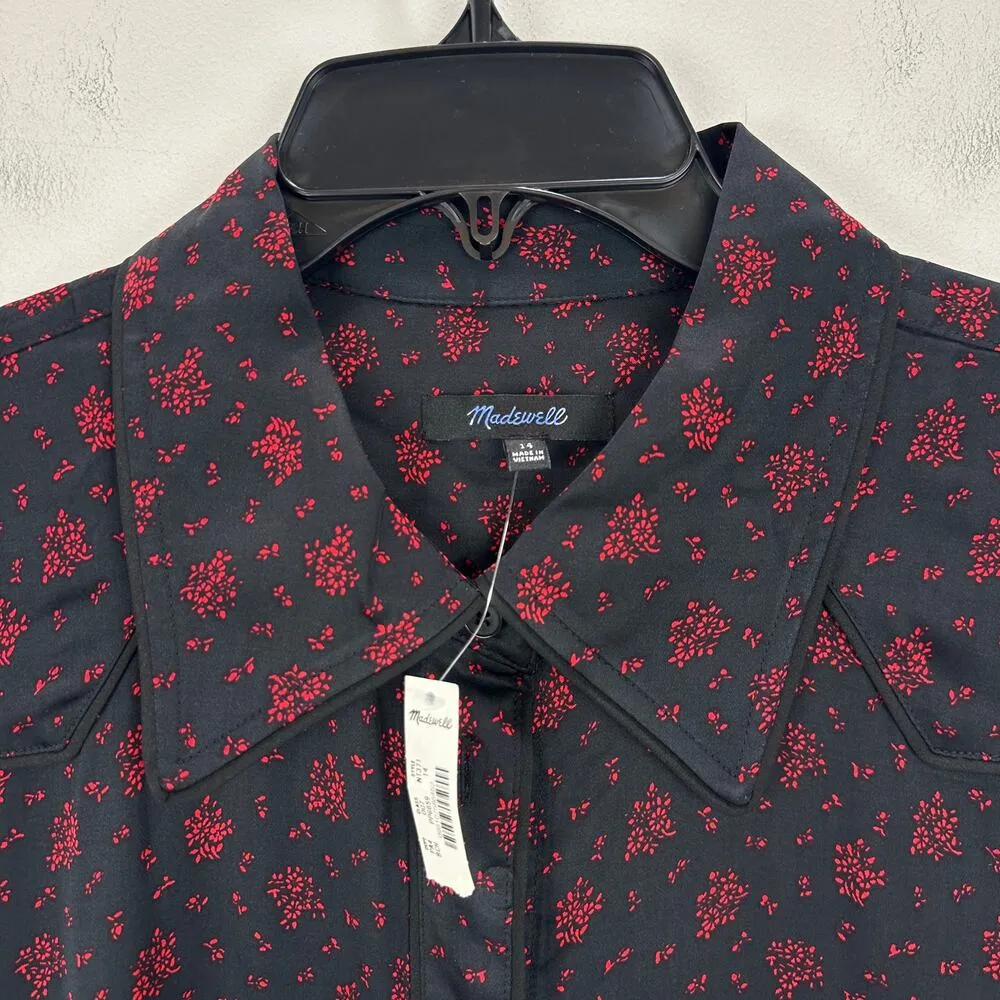 Madewell Button Front Midi Shirtdress Floral Viscose Satin Black US 14 NWT - Image 8