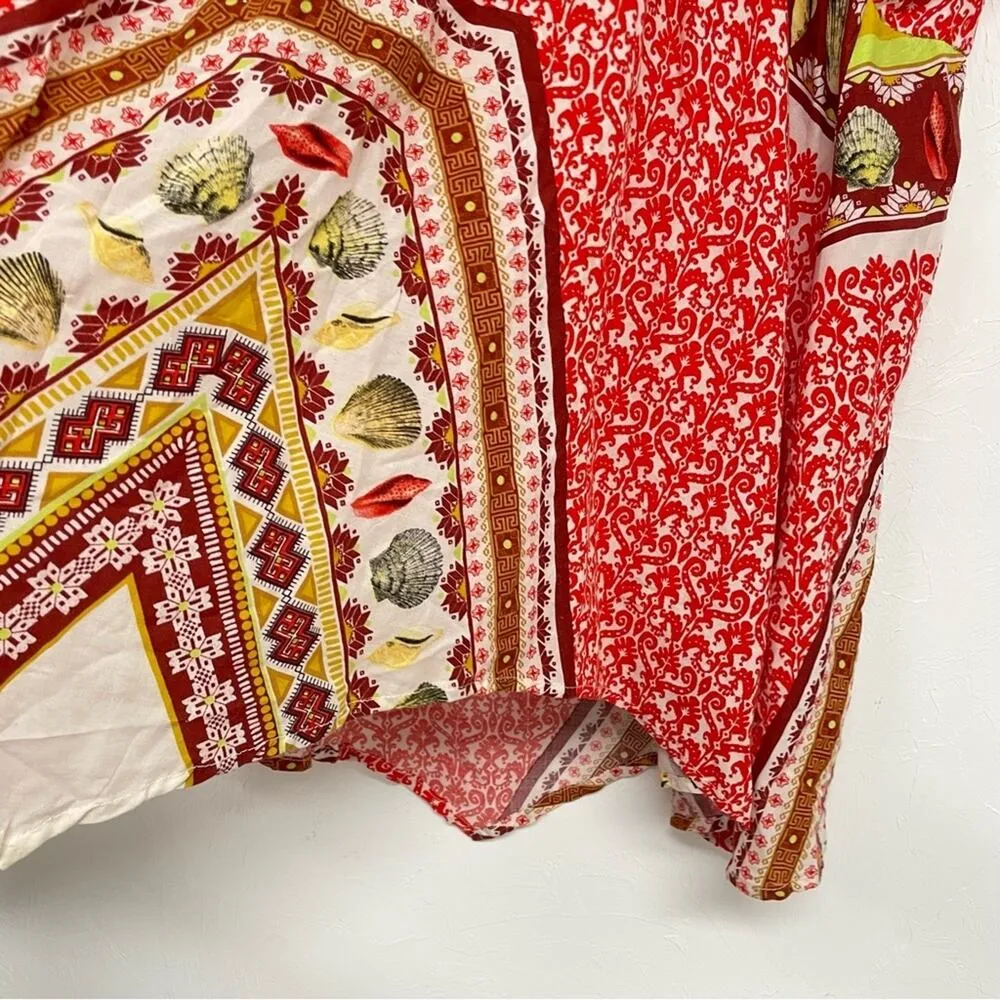Farm Rio Red & Tan Seashell Print Handkerchief Blouse Womens S Top Boho Shirt - Image 6