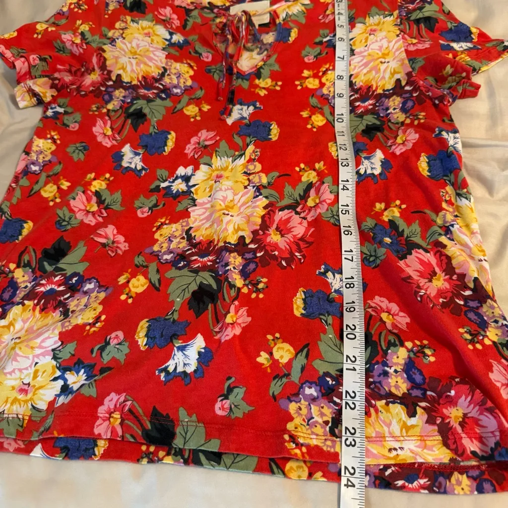 Maeve by Anthropologie Size S Clemente Red Floral Short Sleeve Tie-Neck Blouse - Image 12