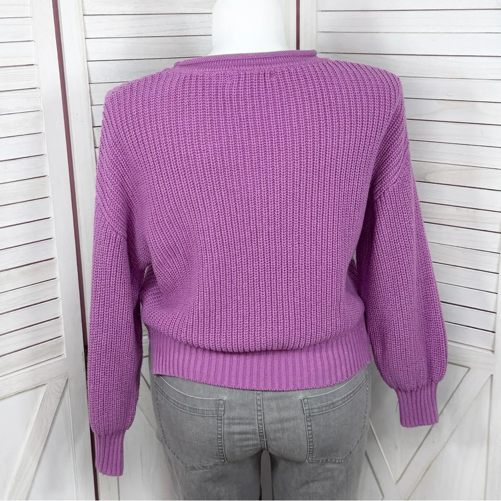 Moon & Madison Ribbed Shaker Knit Rolled Collar Pocket Crop Sweater Purple Large - Image 4