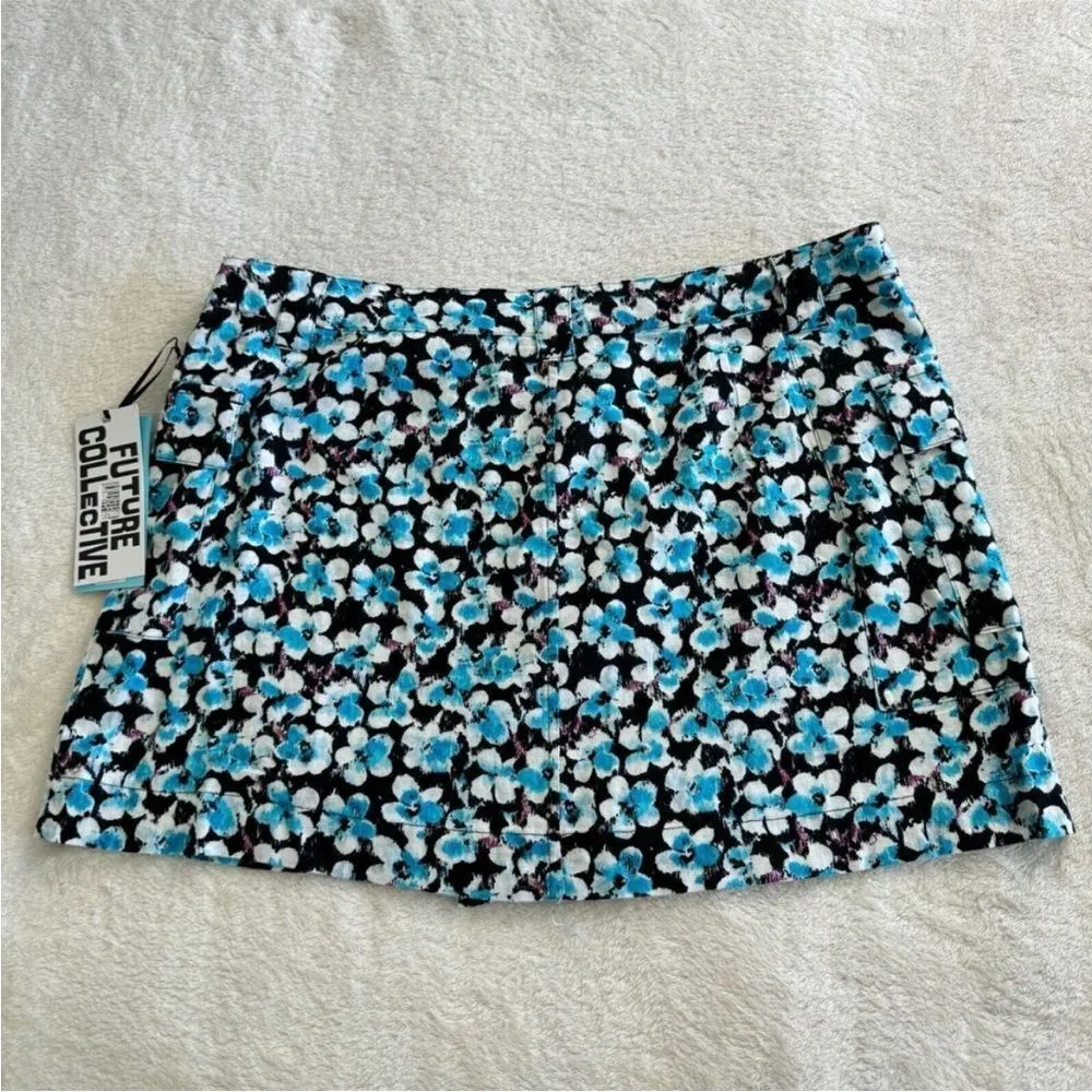 Future Collective Wrap Cargo‎ Skirt Womens Size 0 Linen Blue Ditsy Floral NEW - Image 3