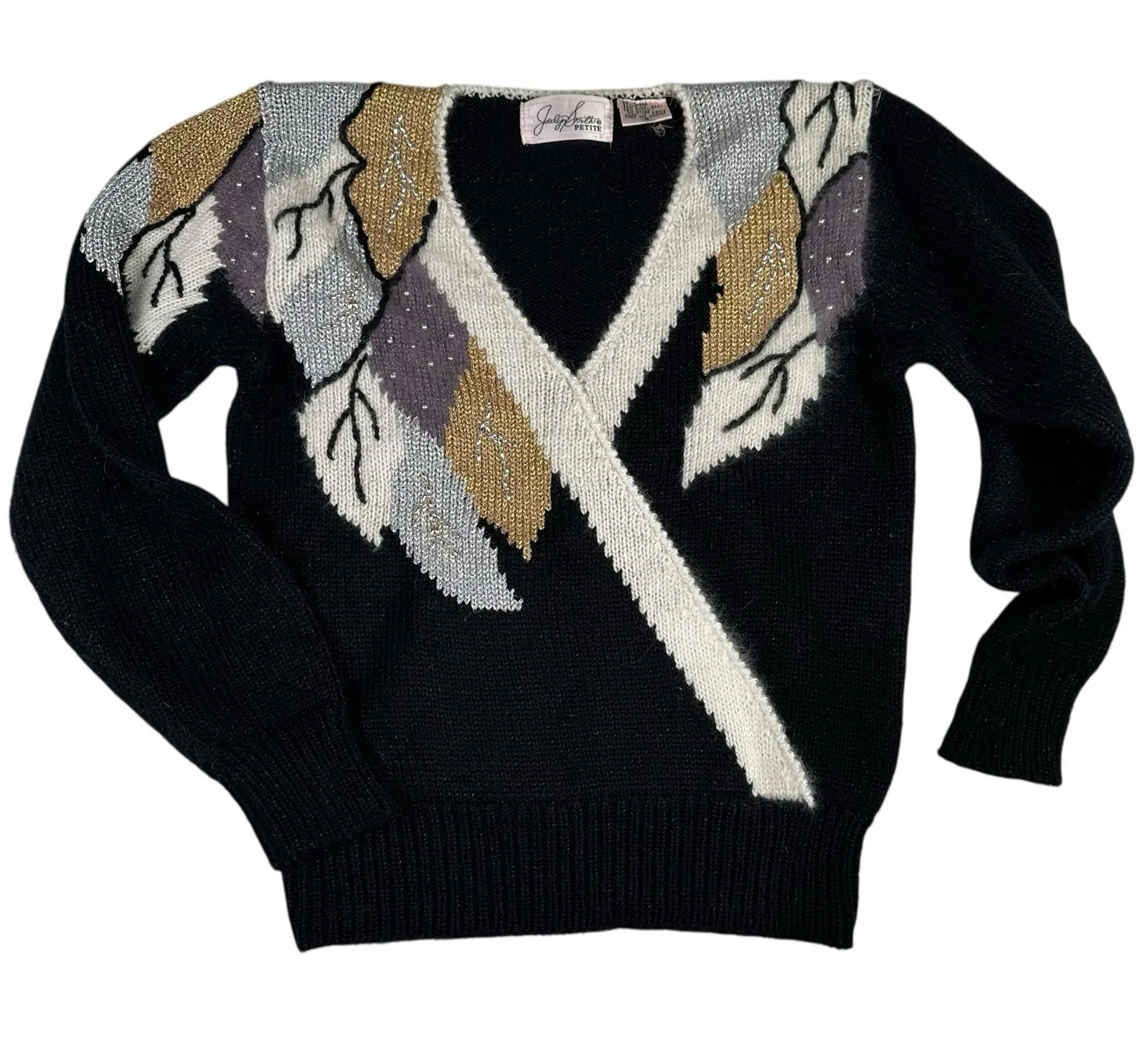 Jaclyn Smith Petite Women's Vintage Sweater Size Small Black Gold Silver Leaf - Image 1