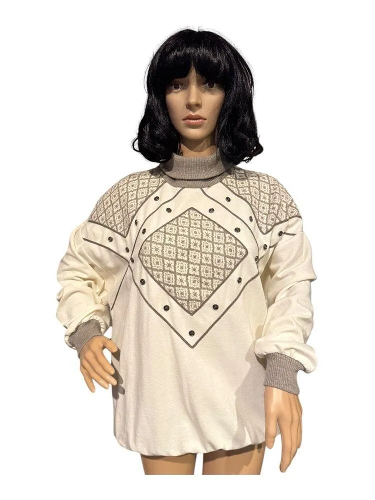 Vintage 80's Jo Hardin turtleneck sweater cream patch button accents size medium - Image 16