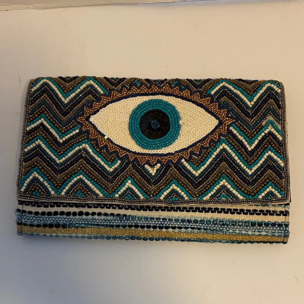 AMERICA & BEYOND BRAND…GRECIAN NIGHT EVIL EYE BEADED CLUTCH/CROSSBODY GORGEOUS Blue - Image 2