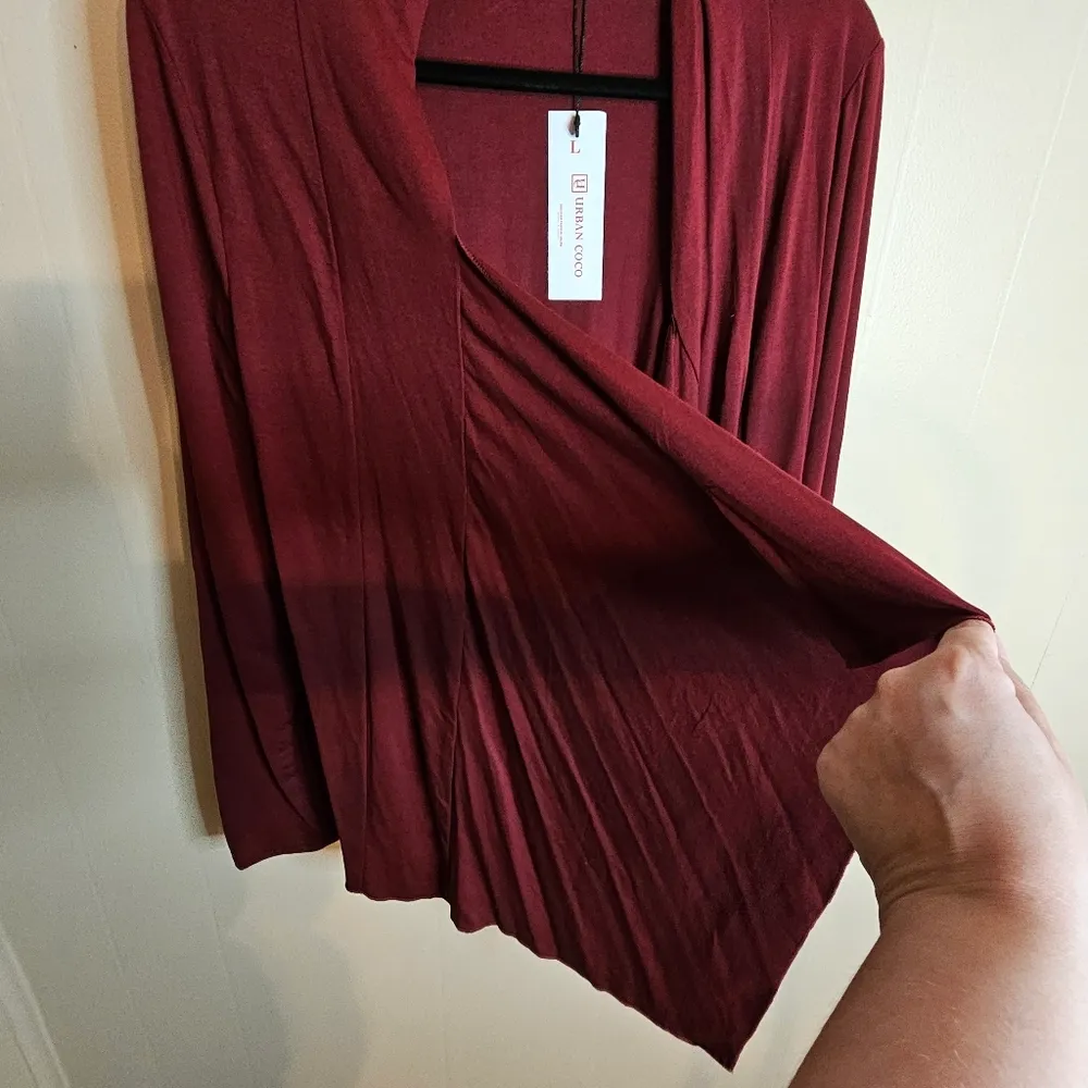 Urban Coco Wine Red Light Weight Long Sleeve Irregular Hem Cardigan - Image 5