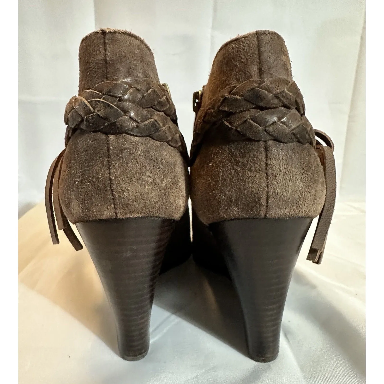 Women’s Franco Sarto Braided Fringe Brown Wedge Ankle Boots Bootie Sz. 10M - Image 4
