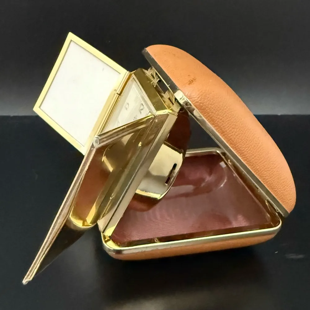 Vintage 60’s LINDEN Travel Wind Up Alarm Clock W/ Fold Out Photo Frames Brown - Image 6