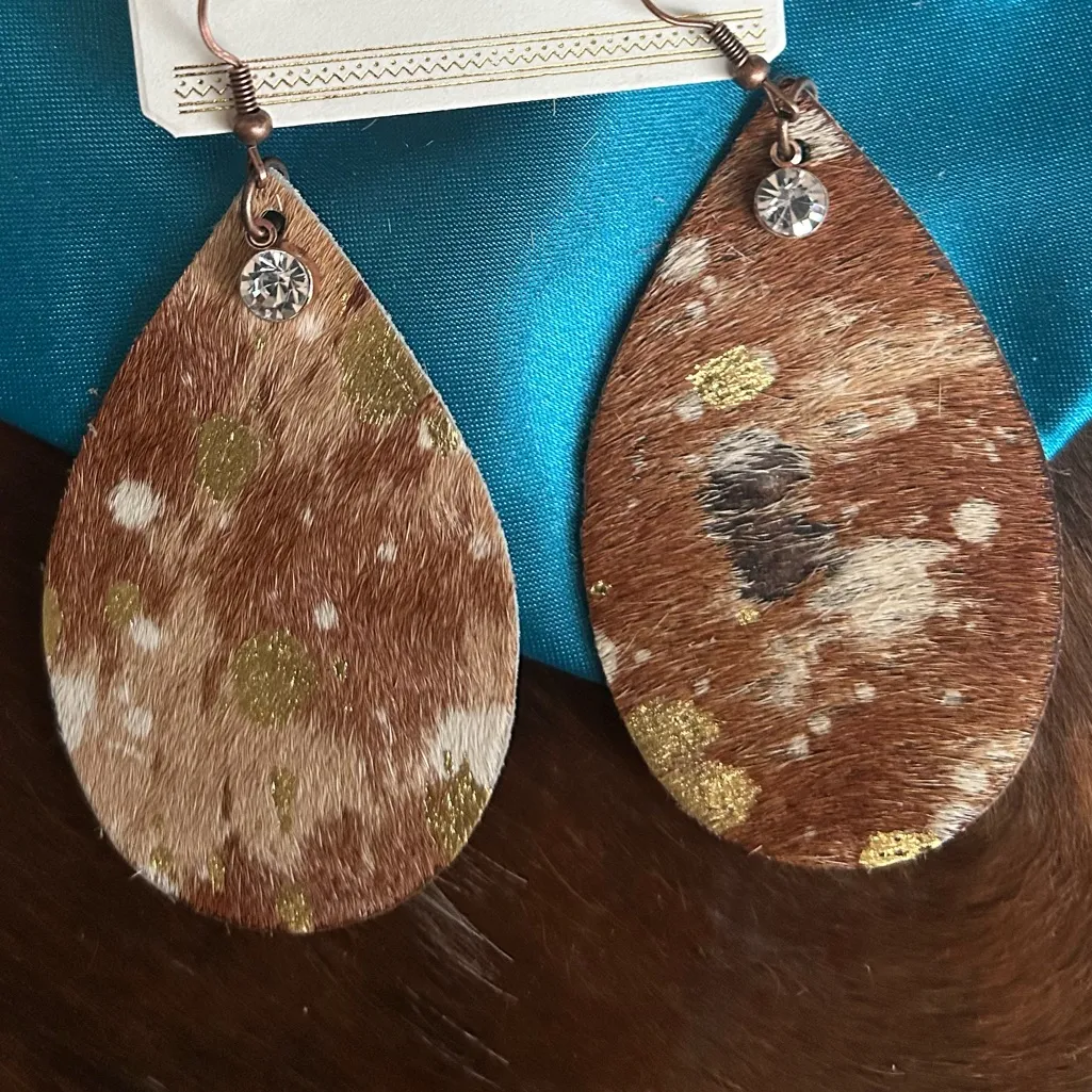 Handmade Cowhide Tear Drop Earrings With Gold & Crystal Accents Brown - Image 5