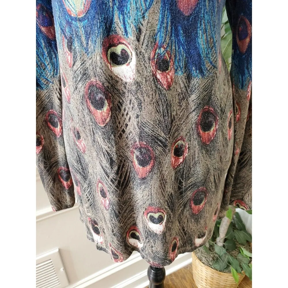 Grace Elements Women Blue & Gray Rayon Round Neck Long Sleeve Top Blouse Size L - Image 3