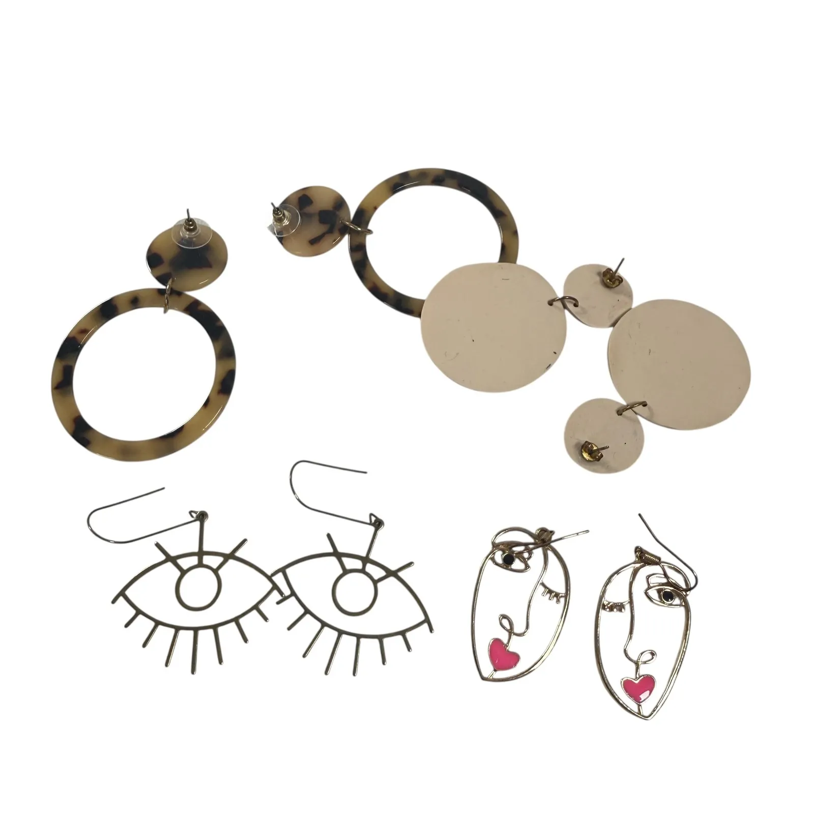 Abstract Face Body Eyes Tortoise Shell Dangle Earrings Boob Polymer Set 4 Pairs Tan - Image 2