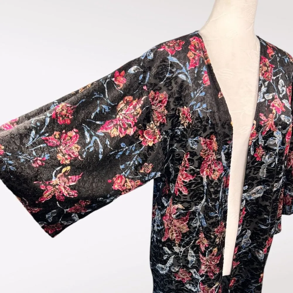 Monteau Black Pink Blue Crushed Velvet Floral Burnout Kimono Jacket Small - Image 7