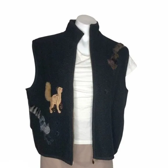 CATS Boiled Wool Appliqué Leather Black Zipper Closure Vest Womens Size XL - Image 2