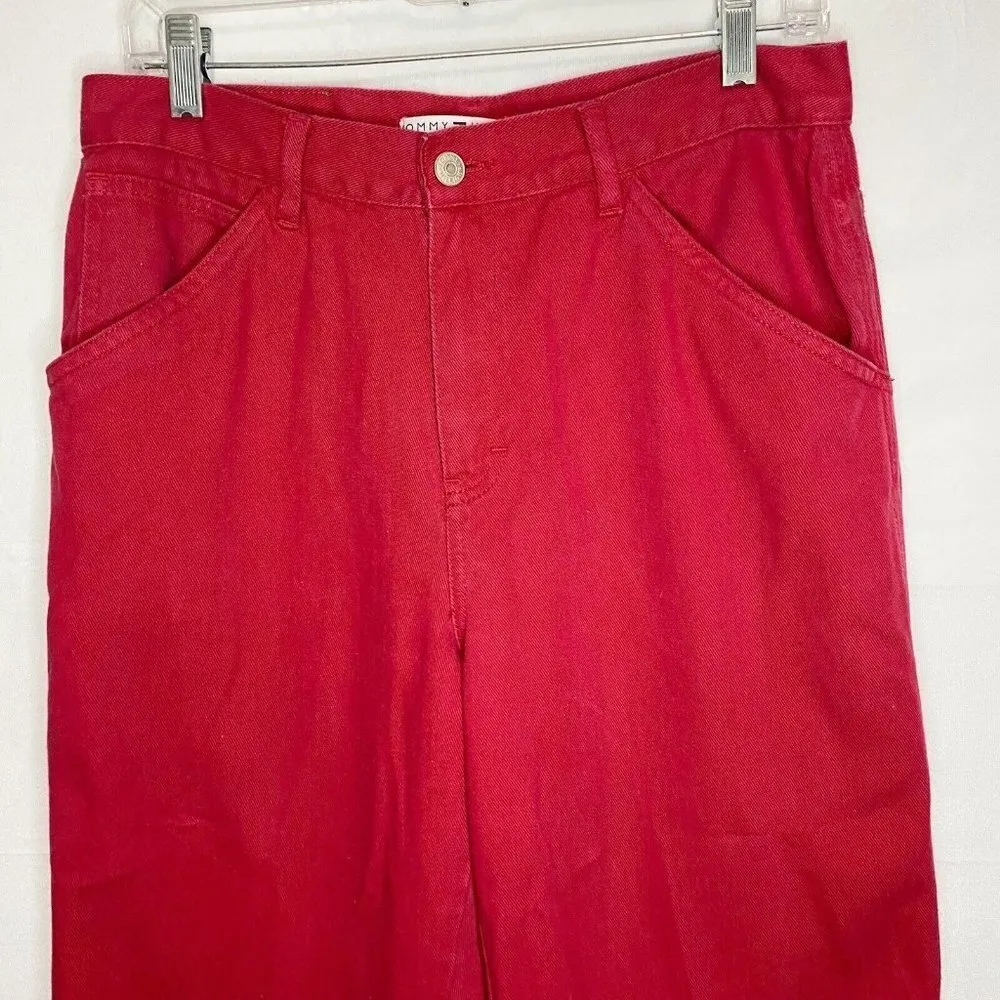 Vtg Tommy Hilfiger Red High Waisted Straight Carpenter Jeans Sz 10 (30x29) Y2K - Image 2