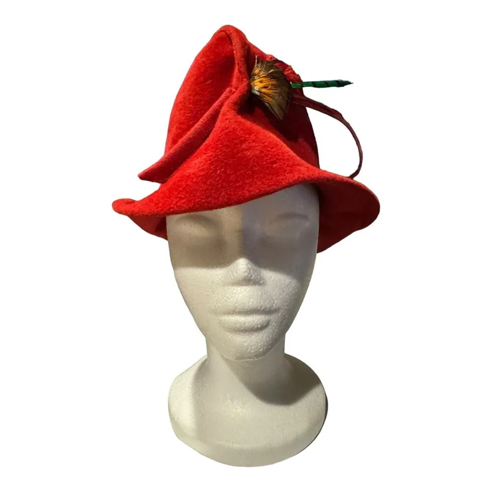 1960's American Vintage Emme Boutique Red Wool Hat, Feathers, fold over size S-M - Image 3