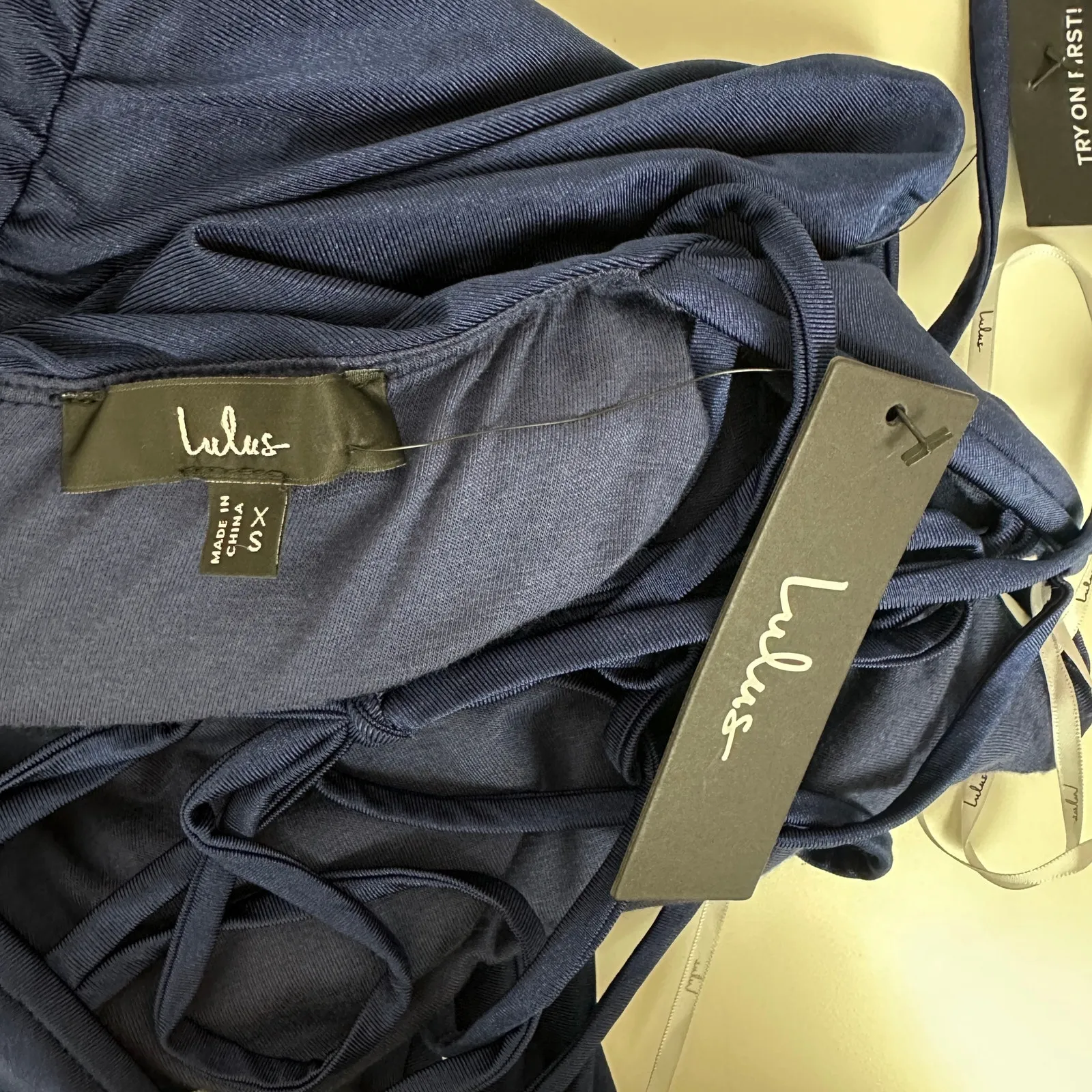 Lulus Iconic Allure Navy Blue Cowl Neck Lace Up Ruched Maxi Dress Stretch XS NWT - Image 7