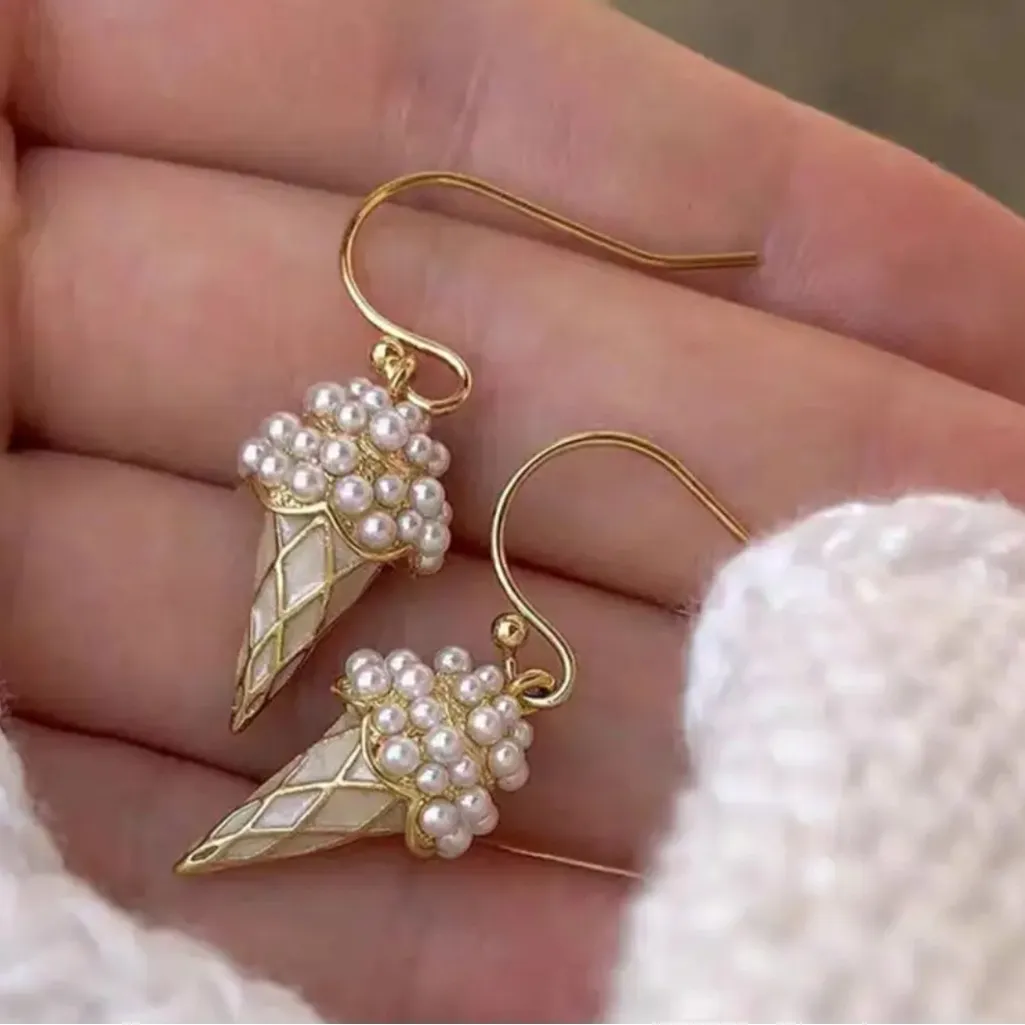 Gold Pearl Ice Cream Cone Earrings - Image 4