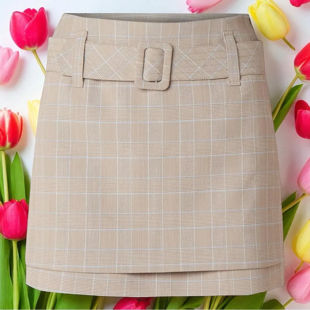 Maje Jikam Checkered Woven Belted Mini Skirt Beige Academia Old Money Size 40 - Image 3