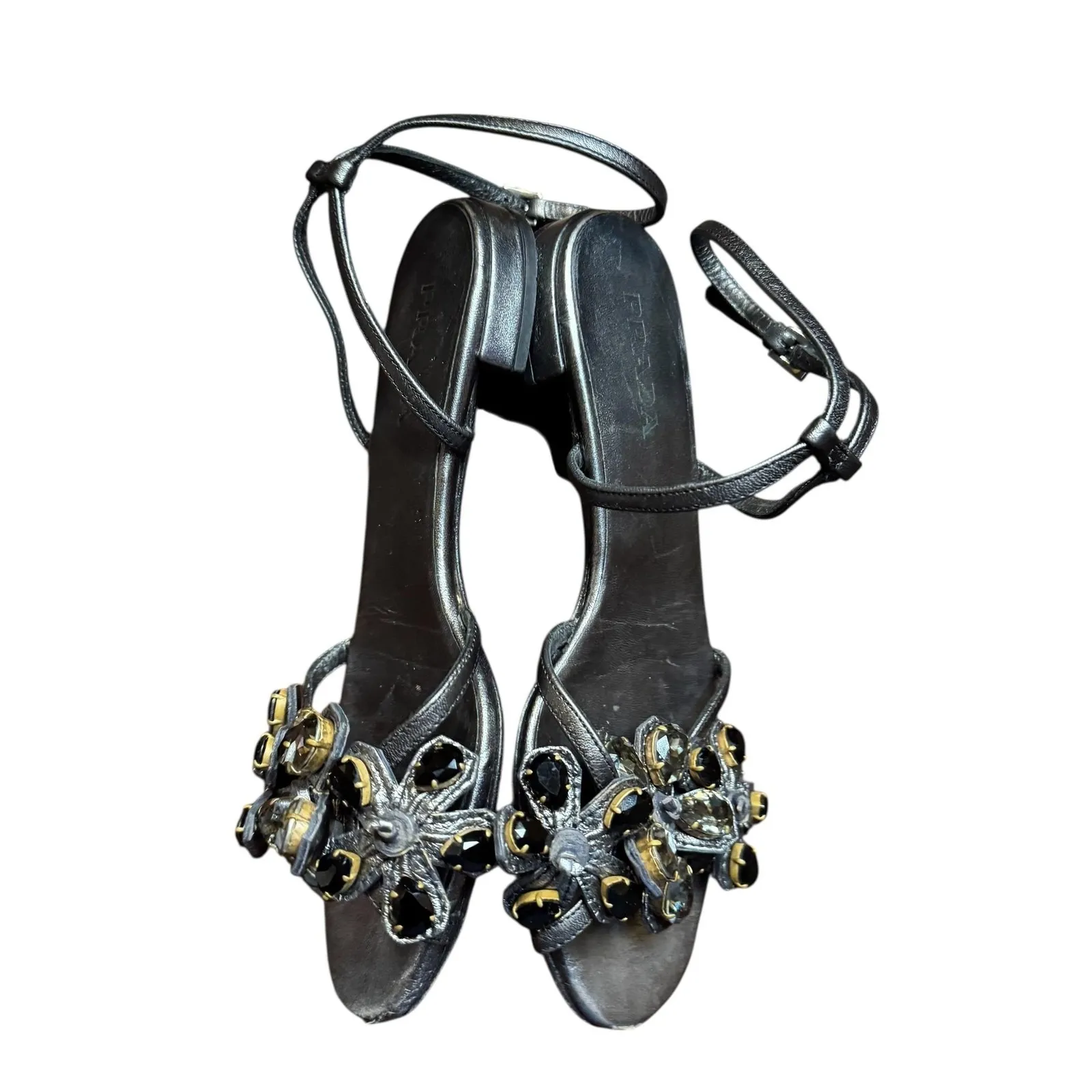 Prada Sandals Womens Size 35.5 Silver Strappy Jeweled Flower Ankle‎ Strap Italy - Image 5