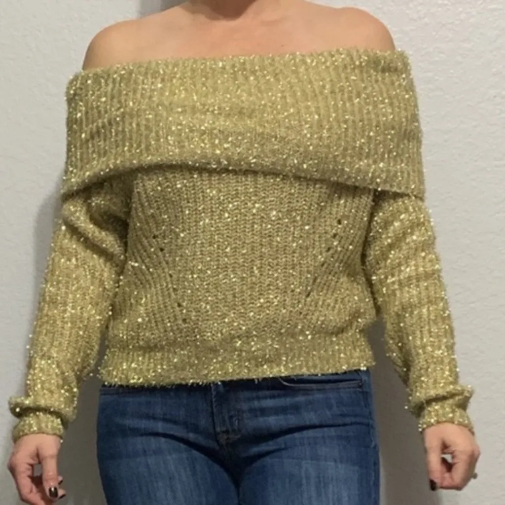 Forever 21 Gold Shiny Off Shoulder Sweater - S - Image 3