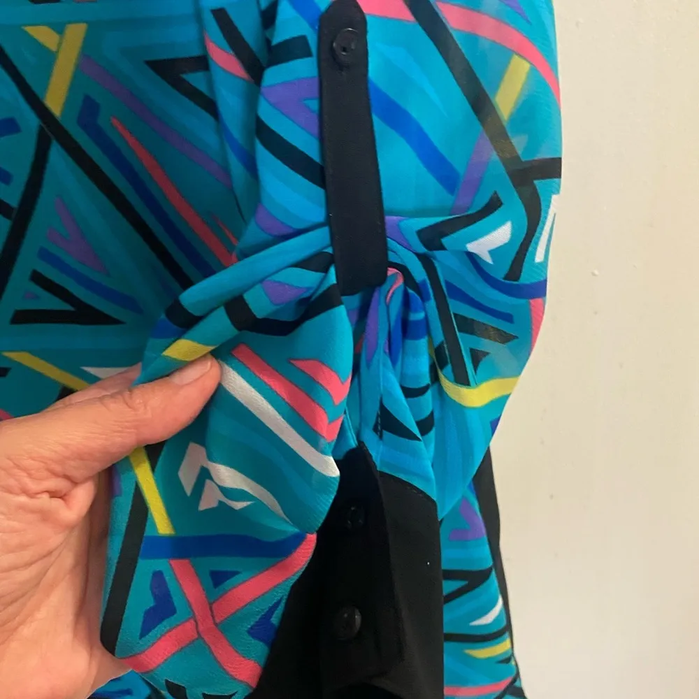 Nicole Miller Womens Sheer Blouse M Medium Black Teal Blue Pink Yellow Abstract - Image 6