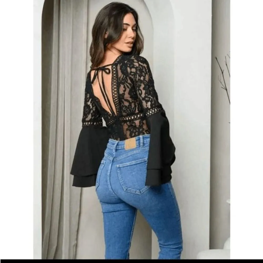CIEN Black Lace Bell Sleeve‎ Witchy Goth Whimsygoth Bodysuit Medium - Image 12