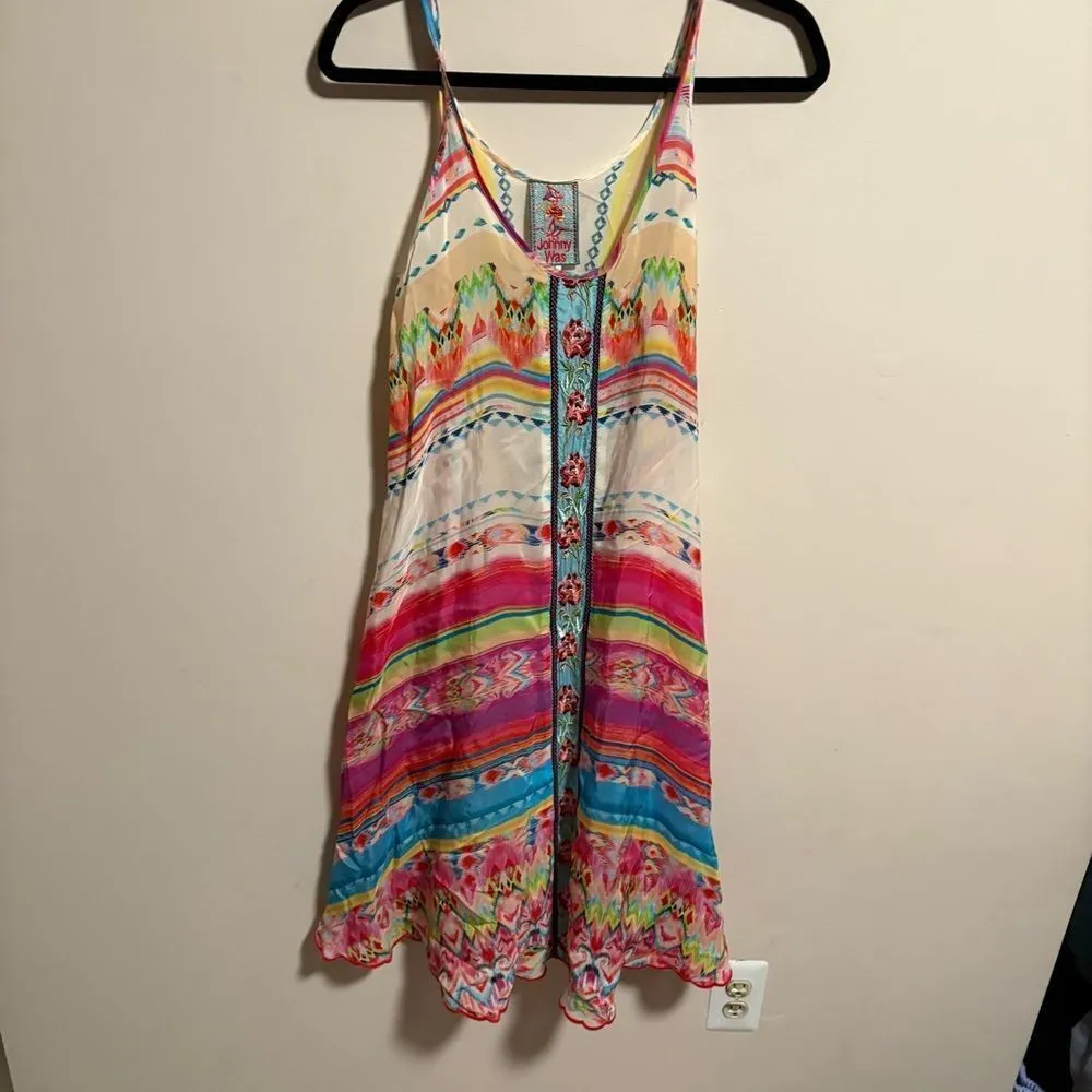 JOHNNY WAS Taleah Ribbon-Trim Georgette Tent Swing Dress Rose Beach- Size‎ XS - Image 4