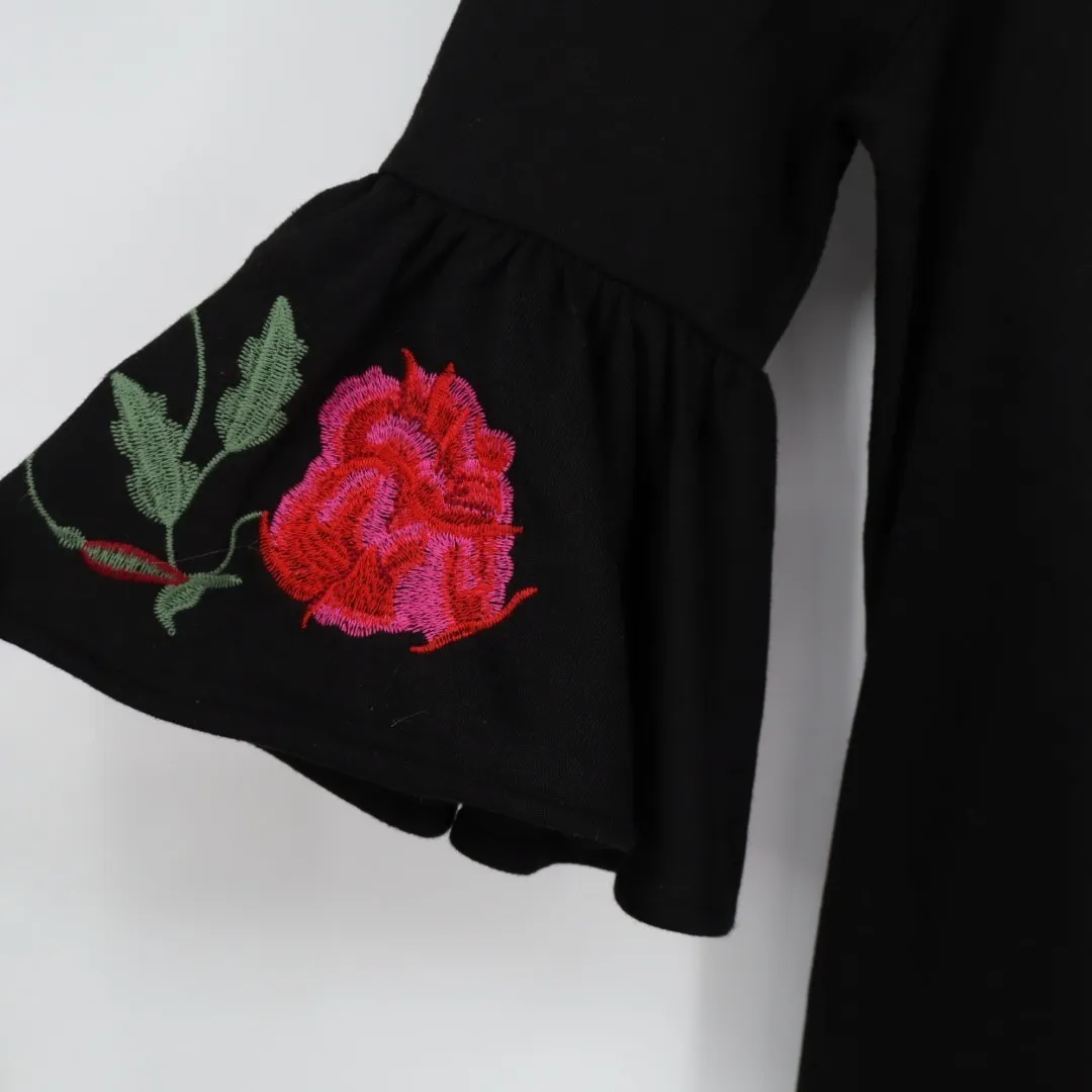 Alya Black Cutout Cold Shoulder Bell Sleeve Rose Embroidered Dress Size Large - Image 4