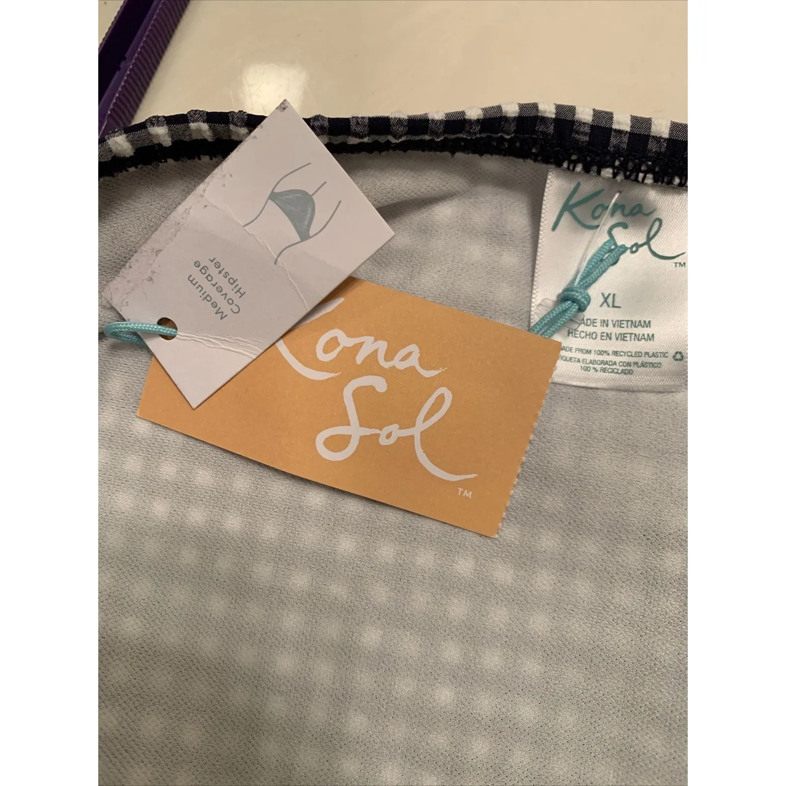 Kona Sol Women's Gingham Swim Bikini Bottom Swimwear Size XL Blue White - Image 2