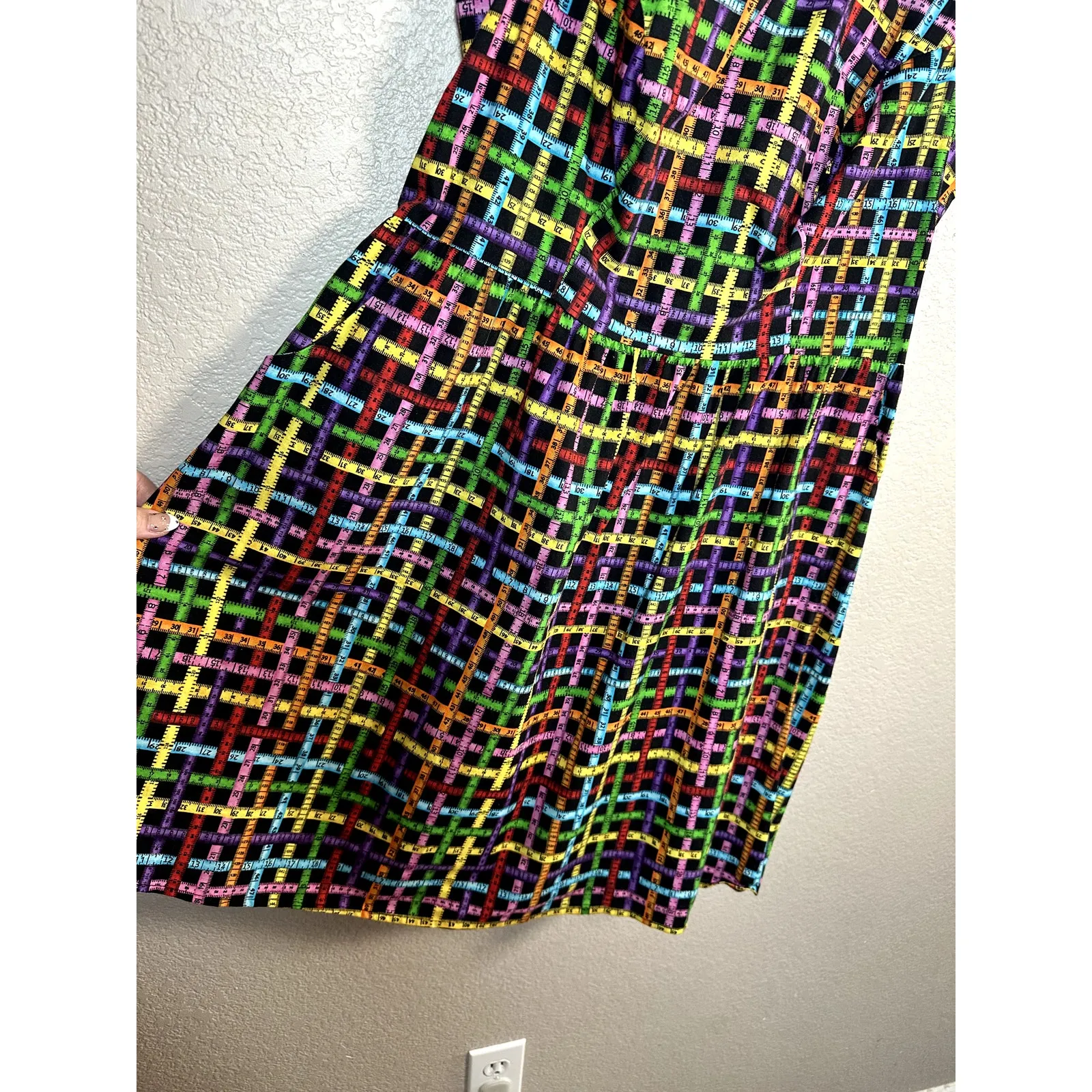 Retrolicious Measuring Tape Print Rainbow Teacher Fit and Flare Dress 1X Black - Image 5