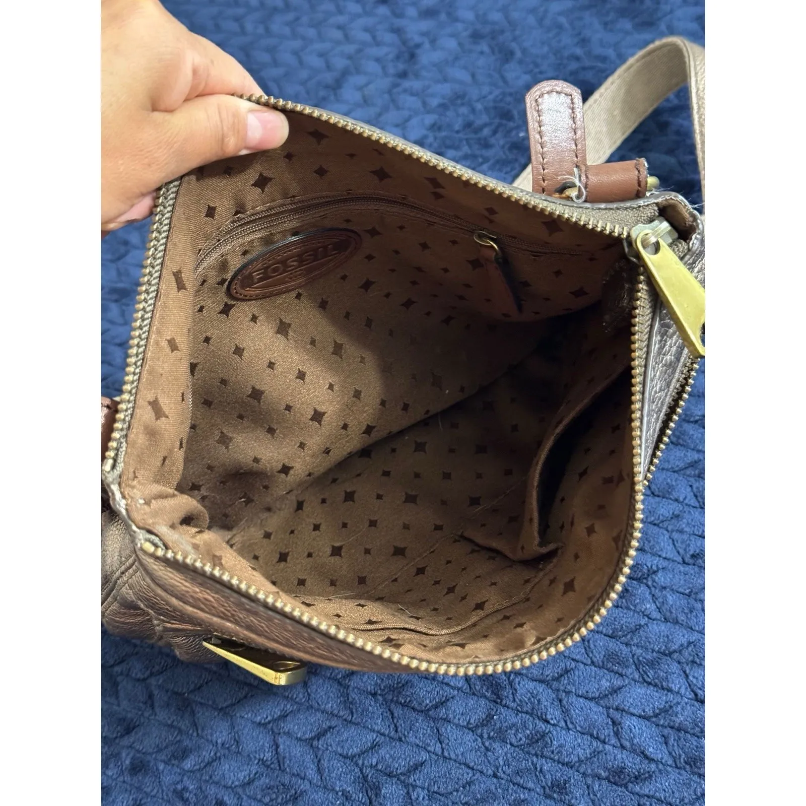 Fossil‎ Crossbody Brown Leather Bag Purse 10in X 11in - Image 7