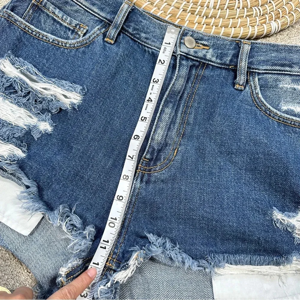 KanCan Signature Ultra High Rise Denim Short Frayed Distressed in Estilo Blue L Size L - Image 13