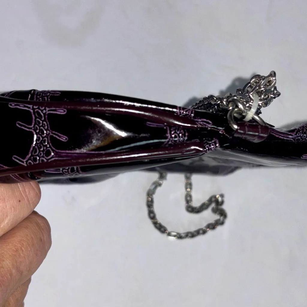 PURPLE PATENT LEATHER MINI CROSSBODY WI H SILVER CHAIN STRAP 6” X 6” DARK PURPLE - Image 5