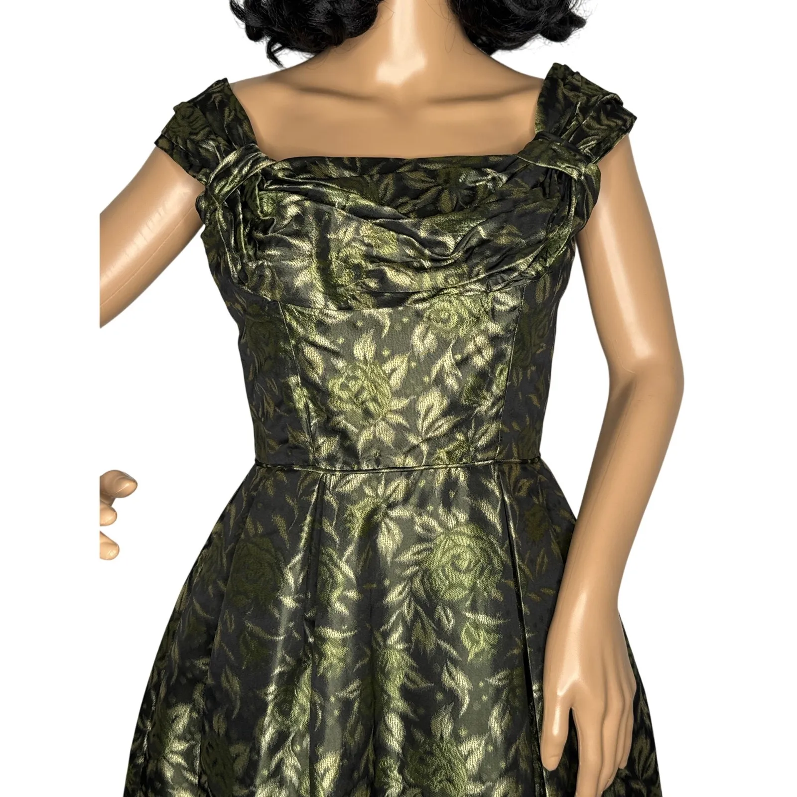 Vintage 1950s Olive Gold Brocade Cocktail Dress with Boned Bodice  XS - Image 3