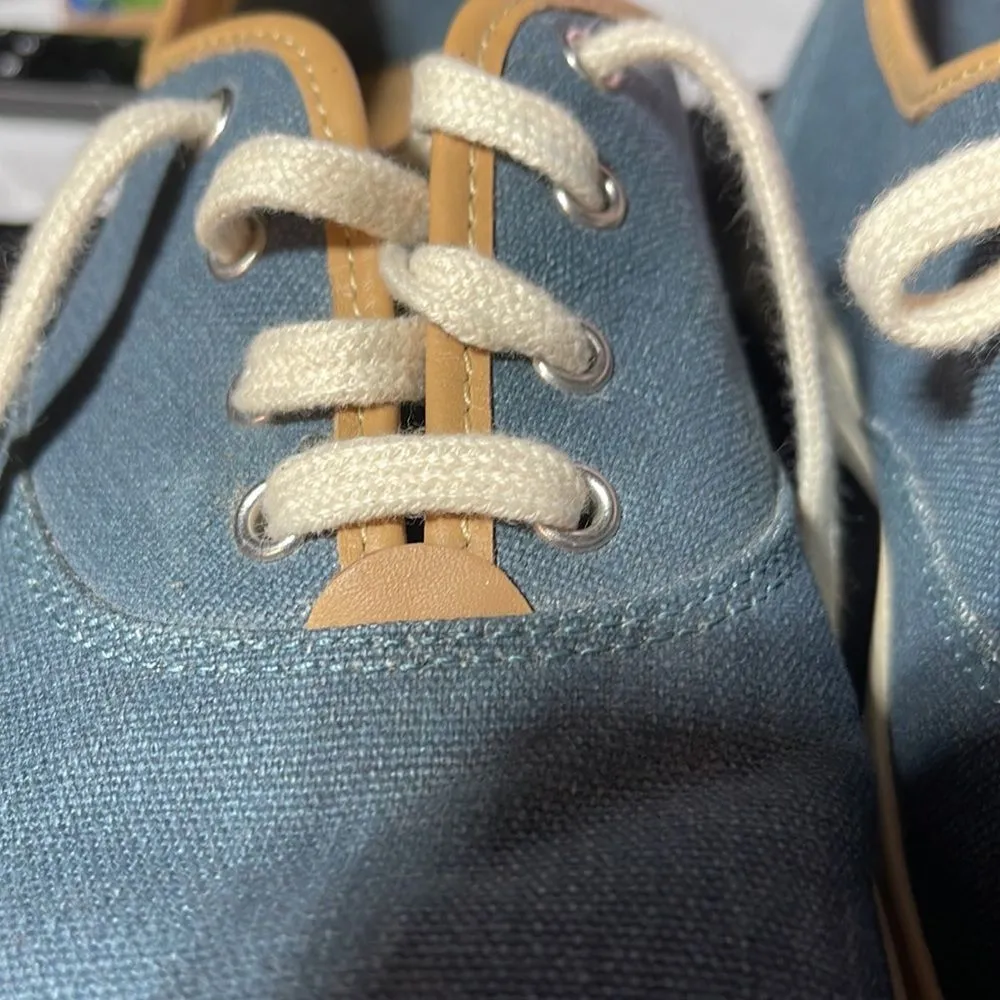 HOTTER Mabel M Width Preppy Blue Canvas Sneaker 9.5 Tan Leather Trim - Image 13