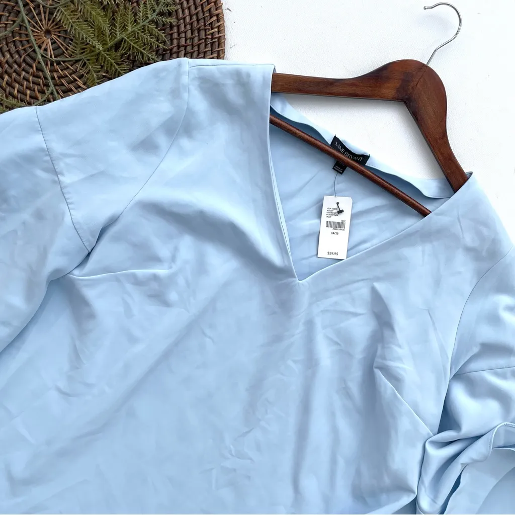 NEW Lane Bryant Womens Shirt Blouse Blue V Neck Tiered Flare Sleeve 14/16 - Image 2