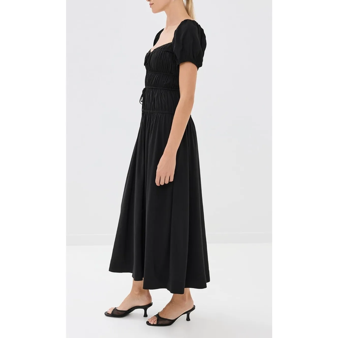 Reformation‎ Rhett Dress Size 0 Black Drop Waist Midi Puff Sleeve Cotton - Image 3