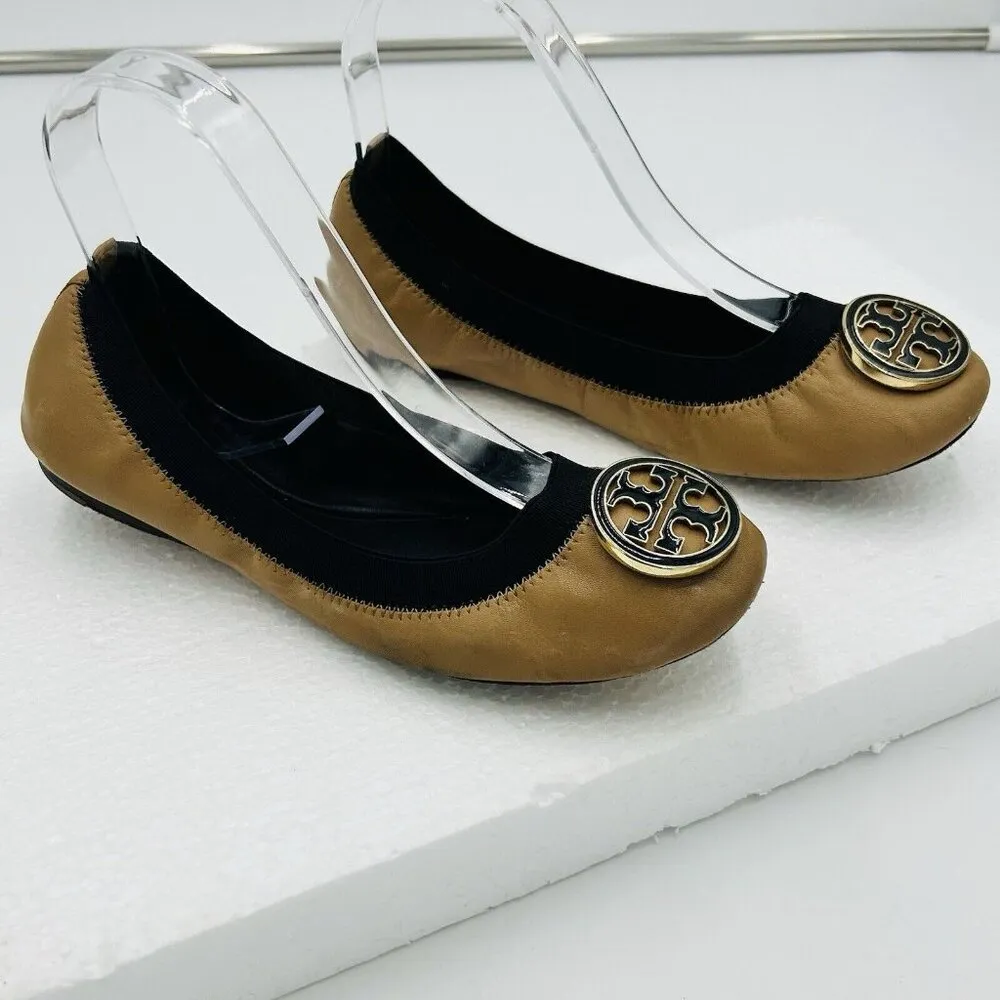 Tory Burch Caroline Flats Ballet Stretchy Beige Black Brown Tan Women's 6.5M - Image 4
