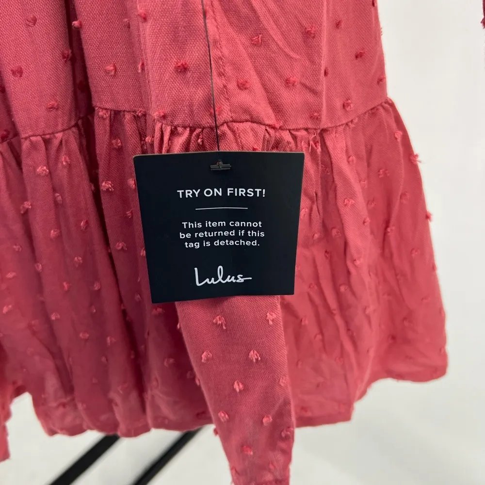 Lulus rayon Swiss dot deep v-neck tiered mini dress dusty rose lace M skater - Image 7