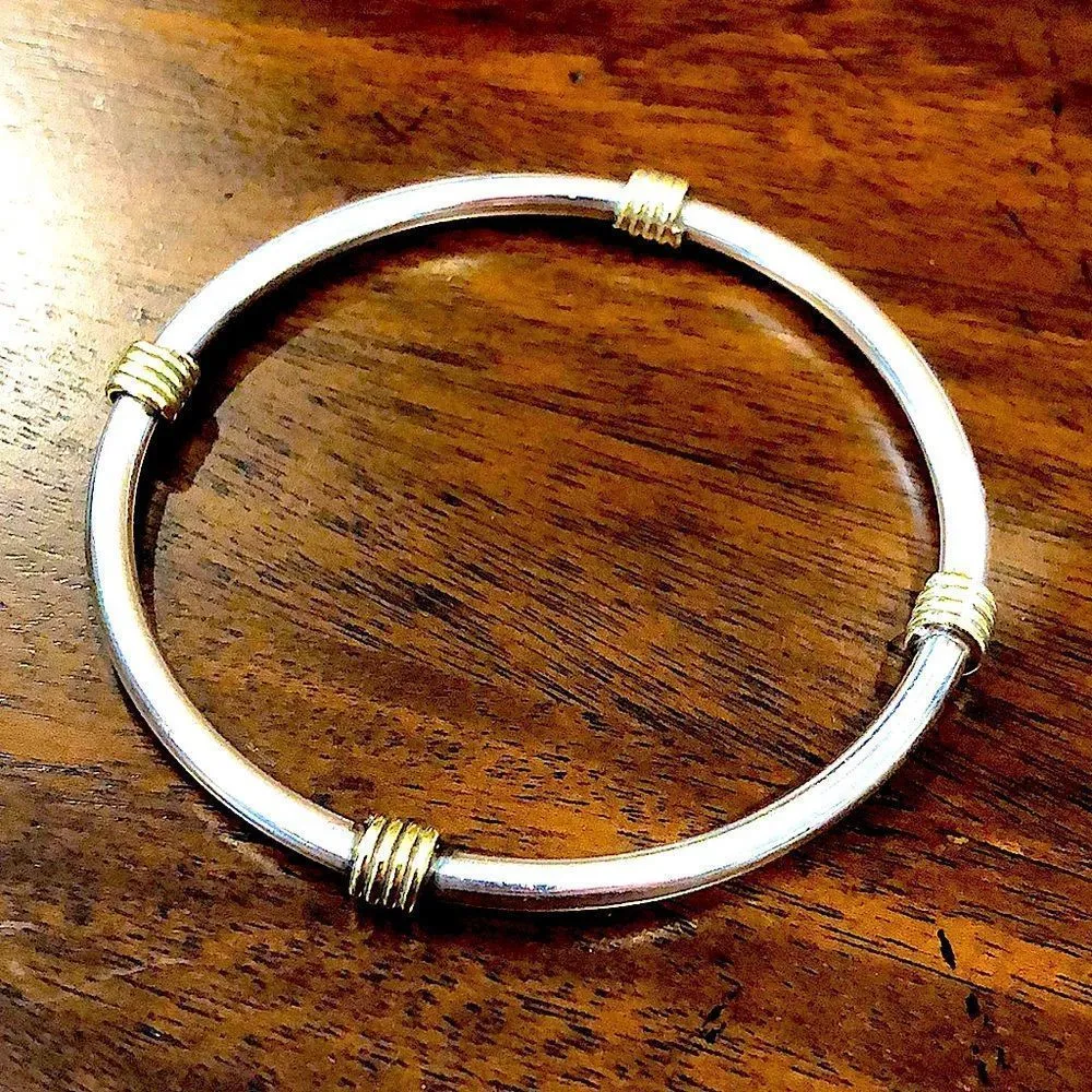 Sterling Silver Two Tone Bangle Bracelet With Gold Stations - Image 7