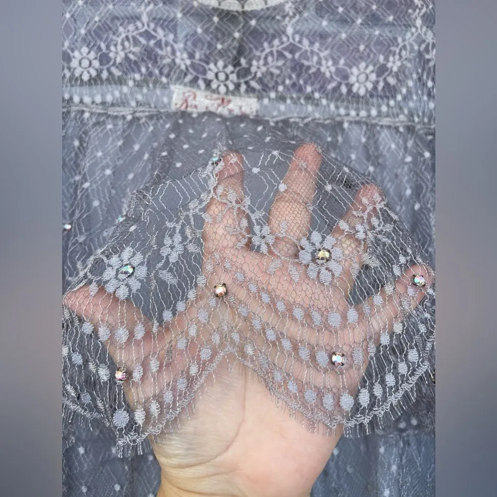 Vintage 1980s Rina Di Montella Silk with Tiered Lace and Rhinestones dress 10 Gray - Image 8